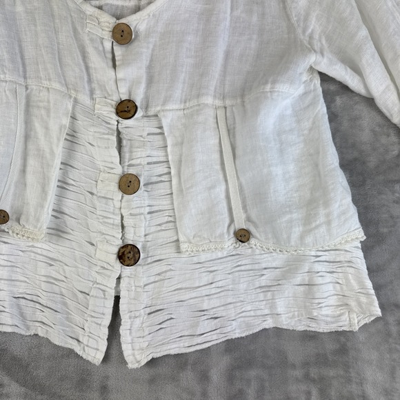 Italian Made 100% Linen Blouse Women's M White Button Up Sheer Lagenlook (1302) - Picture 3 of 10
